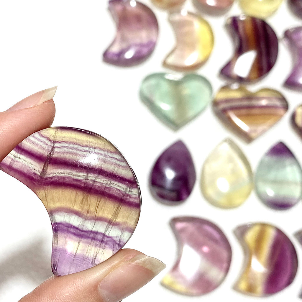 Natural Rainbow Fluorite Crystal Moon & Heart & Water Drop