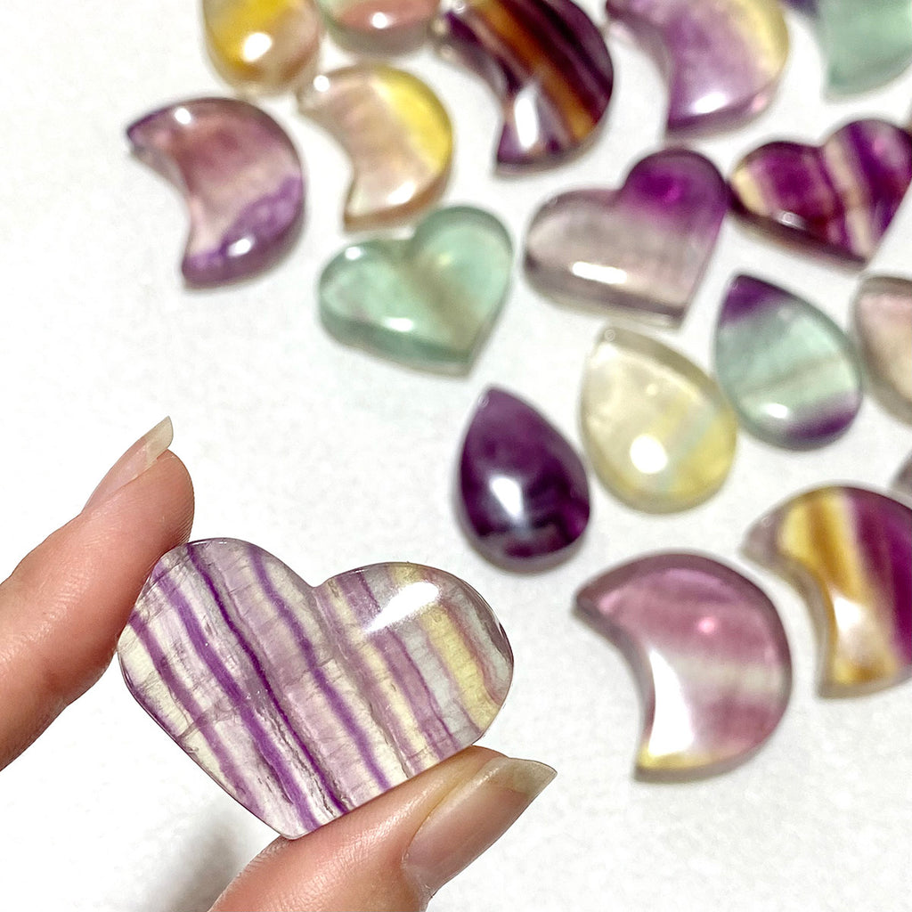 Natural Rainbow Fluorite Crystal Moon & Heart & Water Drop