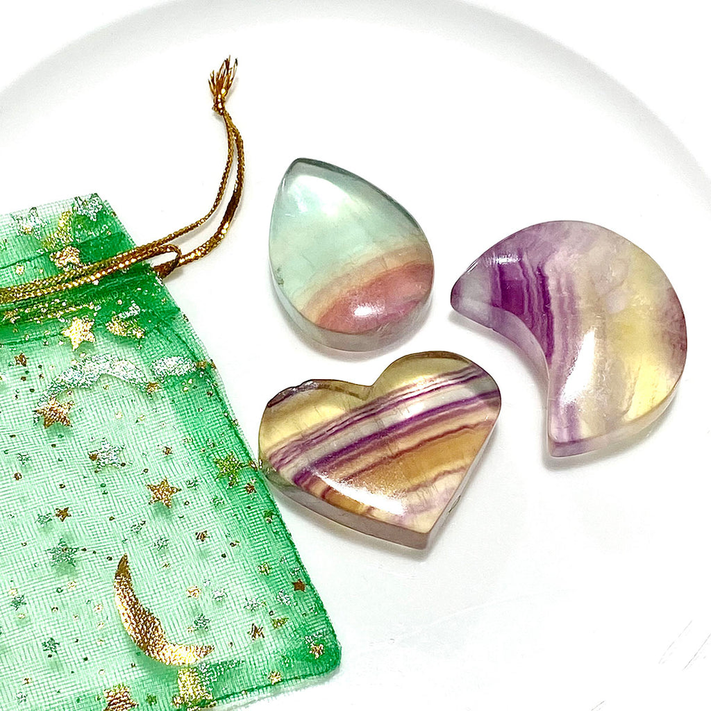 Natural Rainbow Fluorite Crystal Moon & Heart & Water Drop