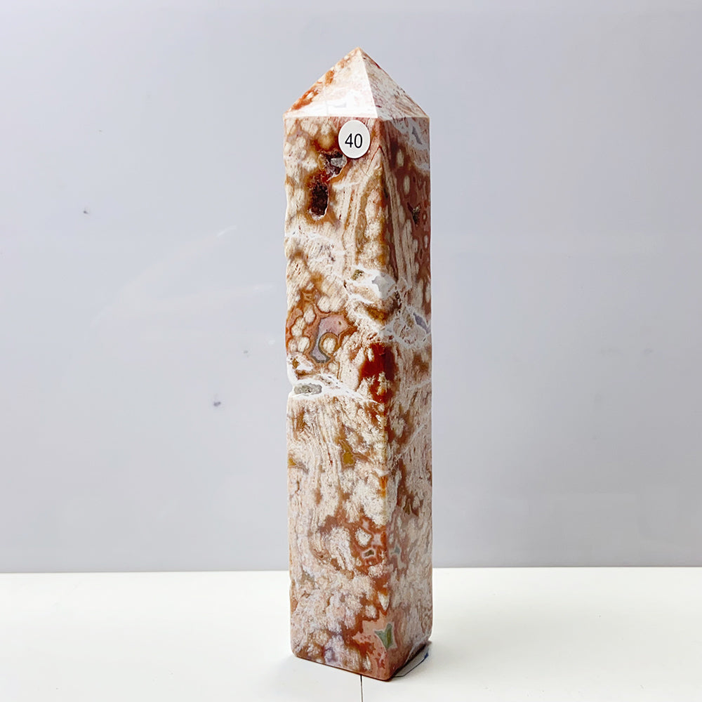 Pink Ocean Jasper Tower Rock Stone Home Feng Shui Decoration Witchcraft