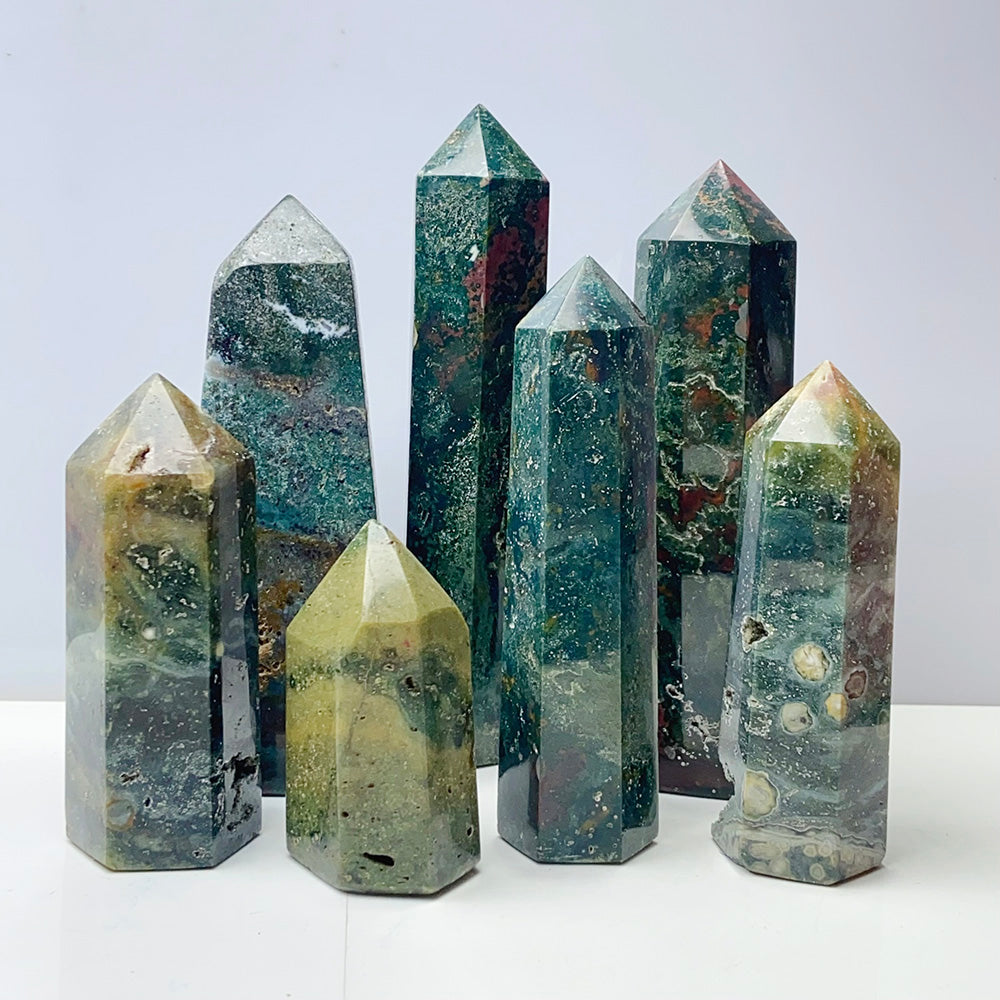 Green Ocean Jasper Crystal Wand Healing Tower Point Mineral For Home Decoration