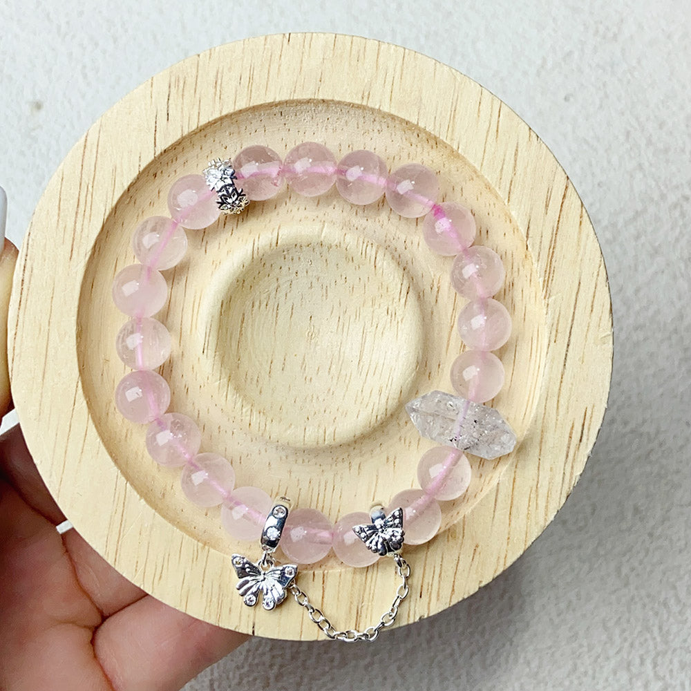 8mm Rose Quartz Beaded Bracelet Butterfly Pendant Sweet Cool Jewellry Gift