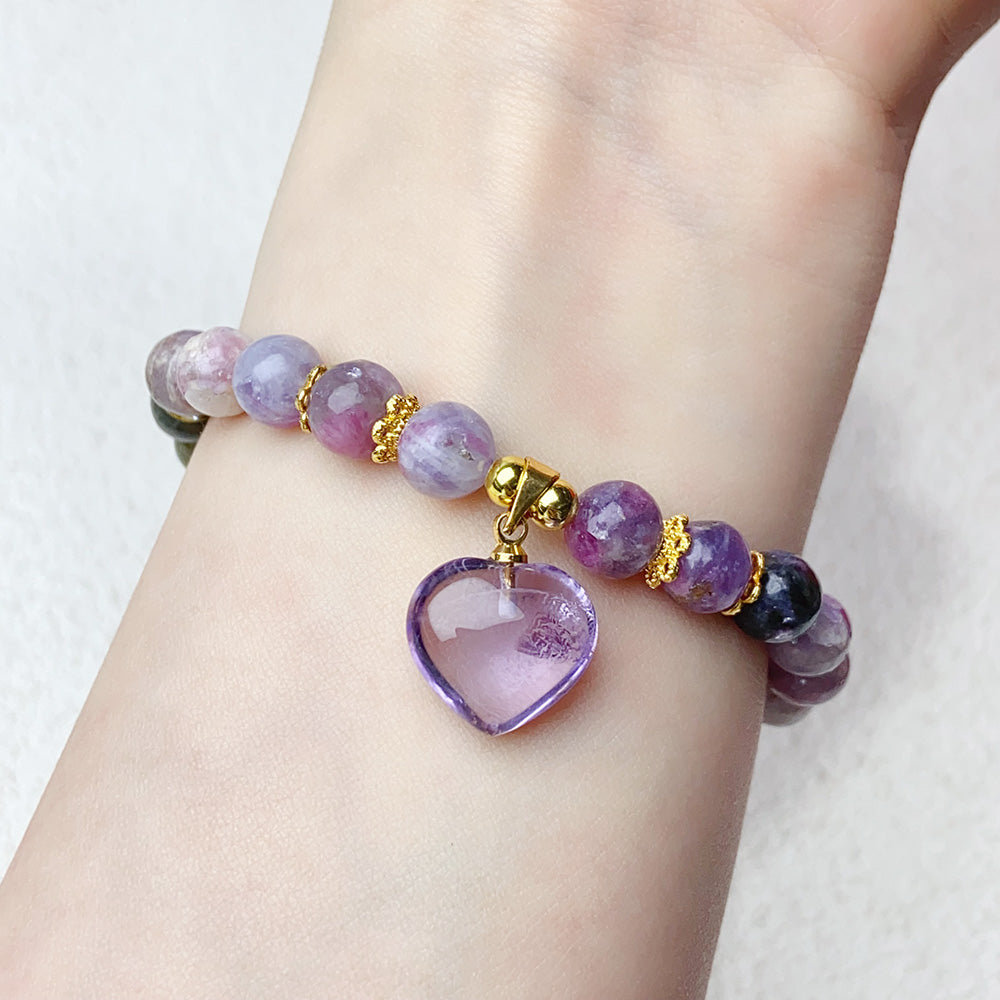 7mm Unicorn Beads With Amethyst Heart Pendant Bracelet For Valentine's Day Gift