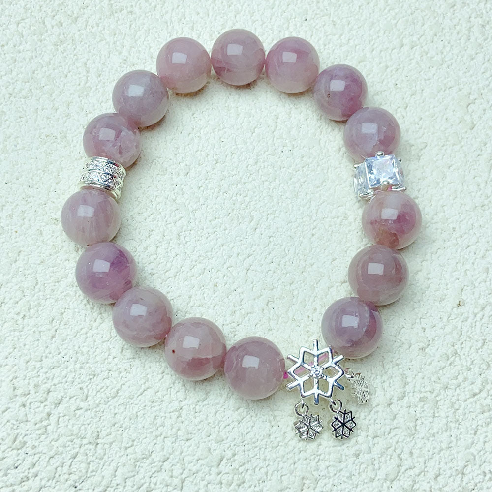 11mm Lavender Rose Quartz Bracelet With Snowflake Pendant Charm Bracelets Jewelry Gift