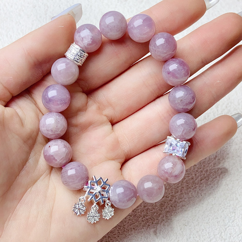 11mm Lavender Rose Quartz Bracelet With Snowflake Pendant Charm Bracelets Jewelry Gift