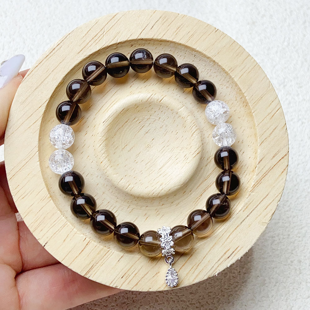 8MM Smoky Quartz With Cracked Clear Quartz Crystal Bracelet For Women Pulsera