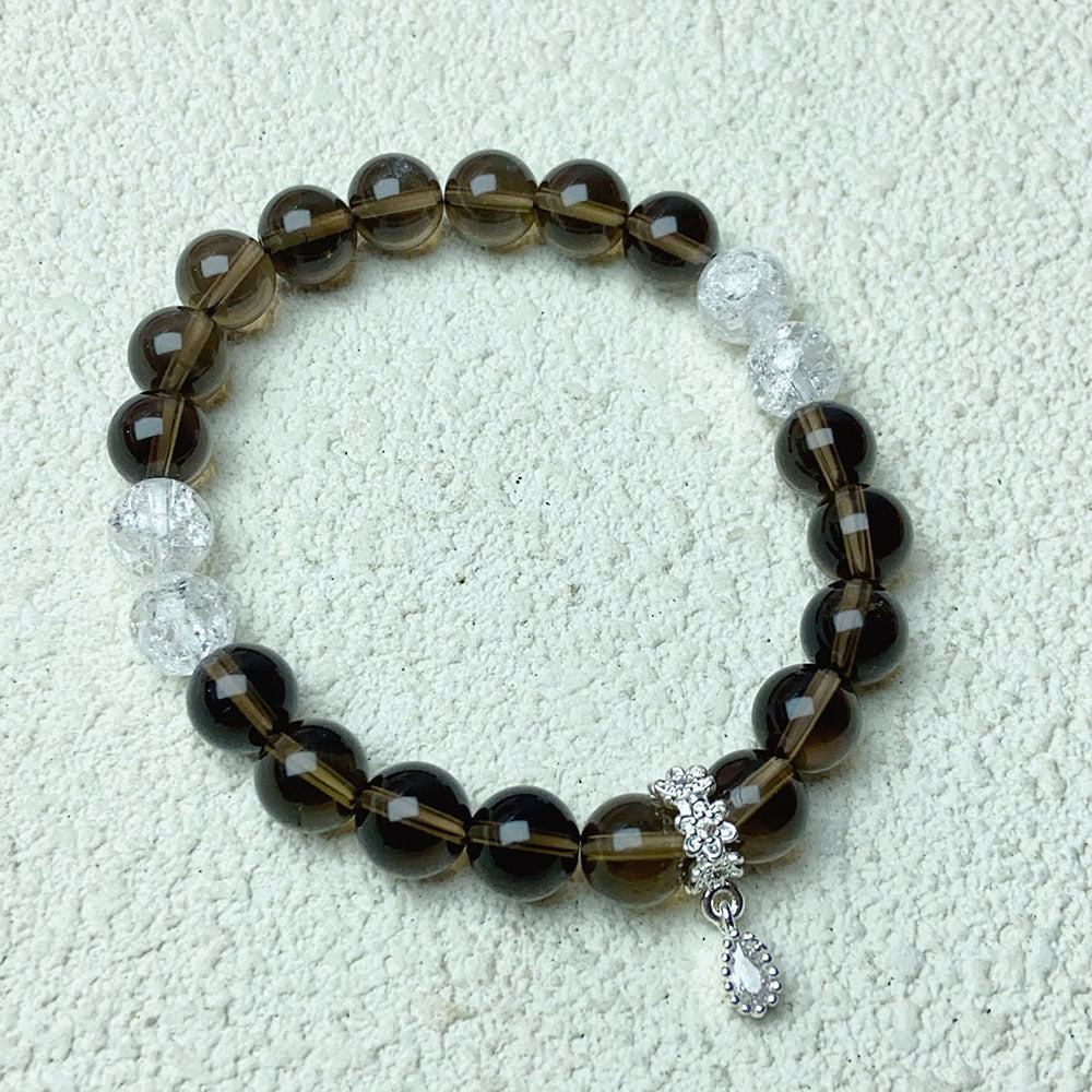 8MM Smoky Quartz With Cracked Clear Quartz Crystal Bracelet For Women Pulsera