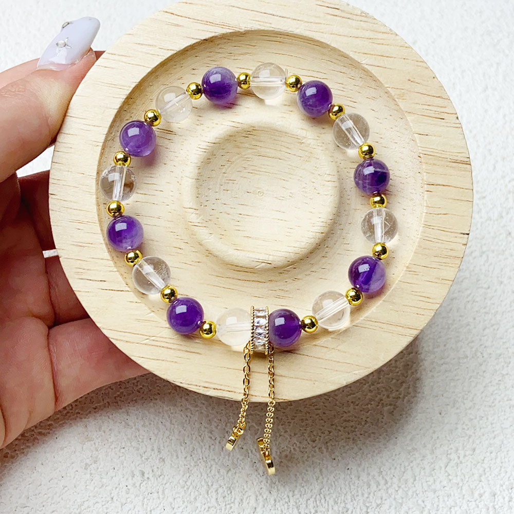 8MM Amethyst And Clear Quartz Bracelet For Women Girls Fashion Jewelry Gifts