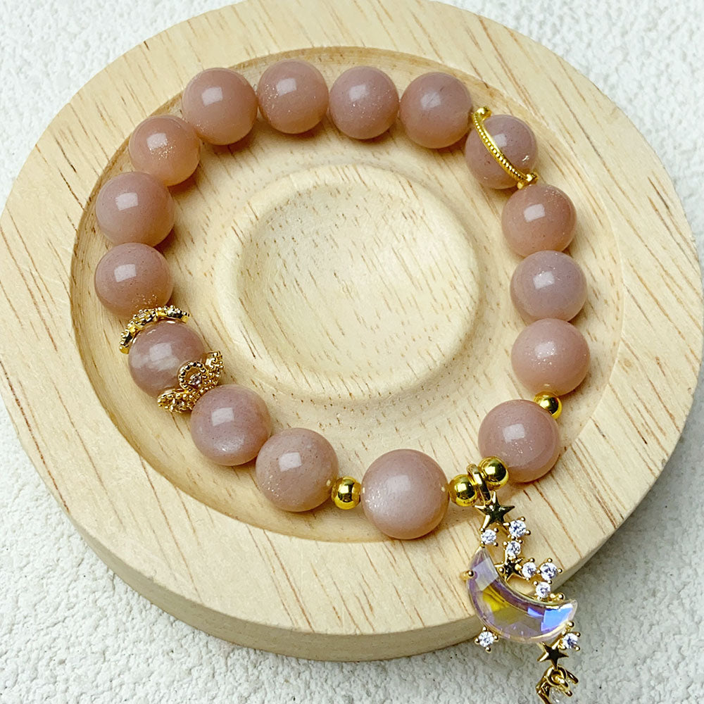 8MM Moonstone Beads With Moon Pendant Bracelet Fashion Party Jewelry Gift