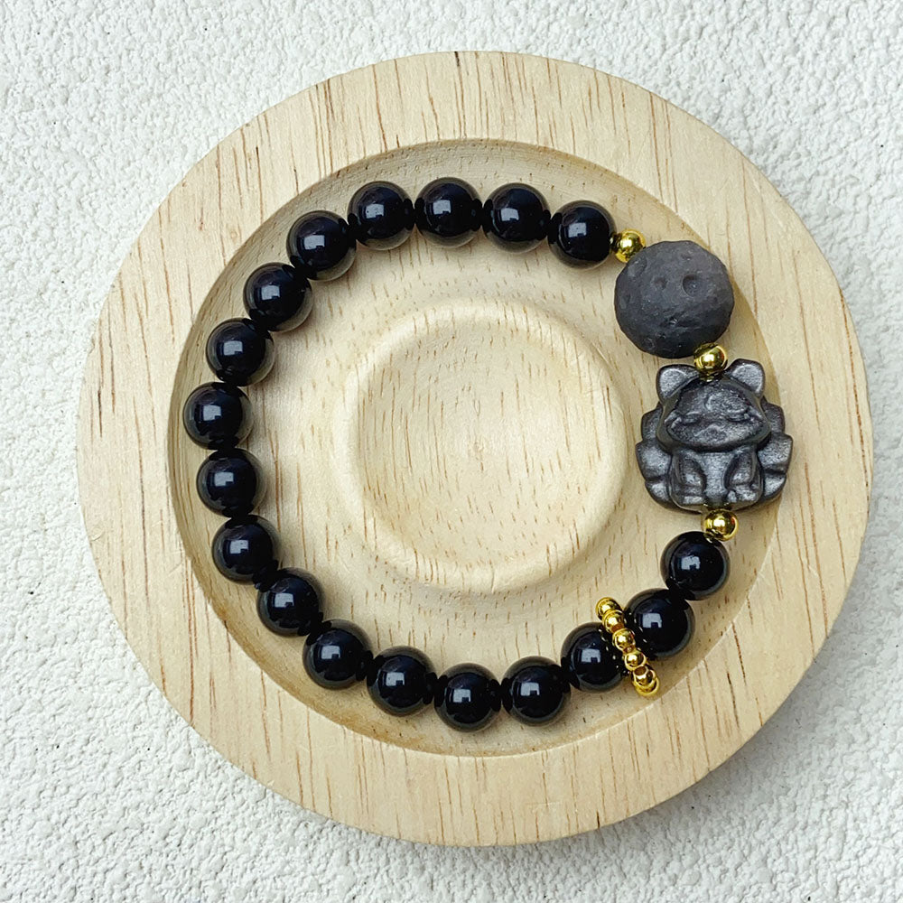 8mm Black Obsidain Beads With Silver Obsidian Nine Tailed Fox Carving Bracelet Charm Bracelet Wristband Gift