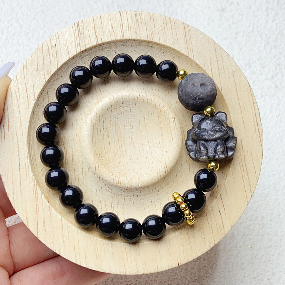 8mm Black Obsidain Beads With Silver Obsidian Nine Tailed Fox Carving Bracelet Charm Bracelet Wristband Gift