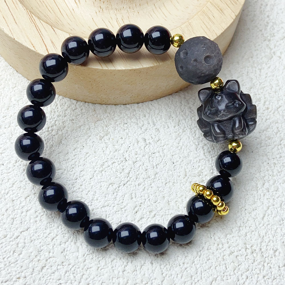 8mm Black Obsidain Beads With Silver Obsidian Nine Tailed Fox Carving Bracelet Charm Bracelet Wristband Gift