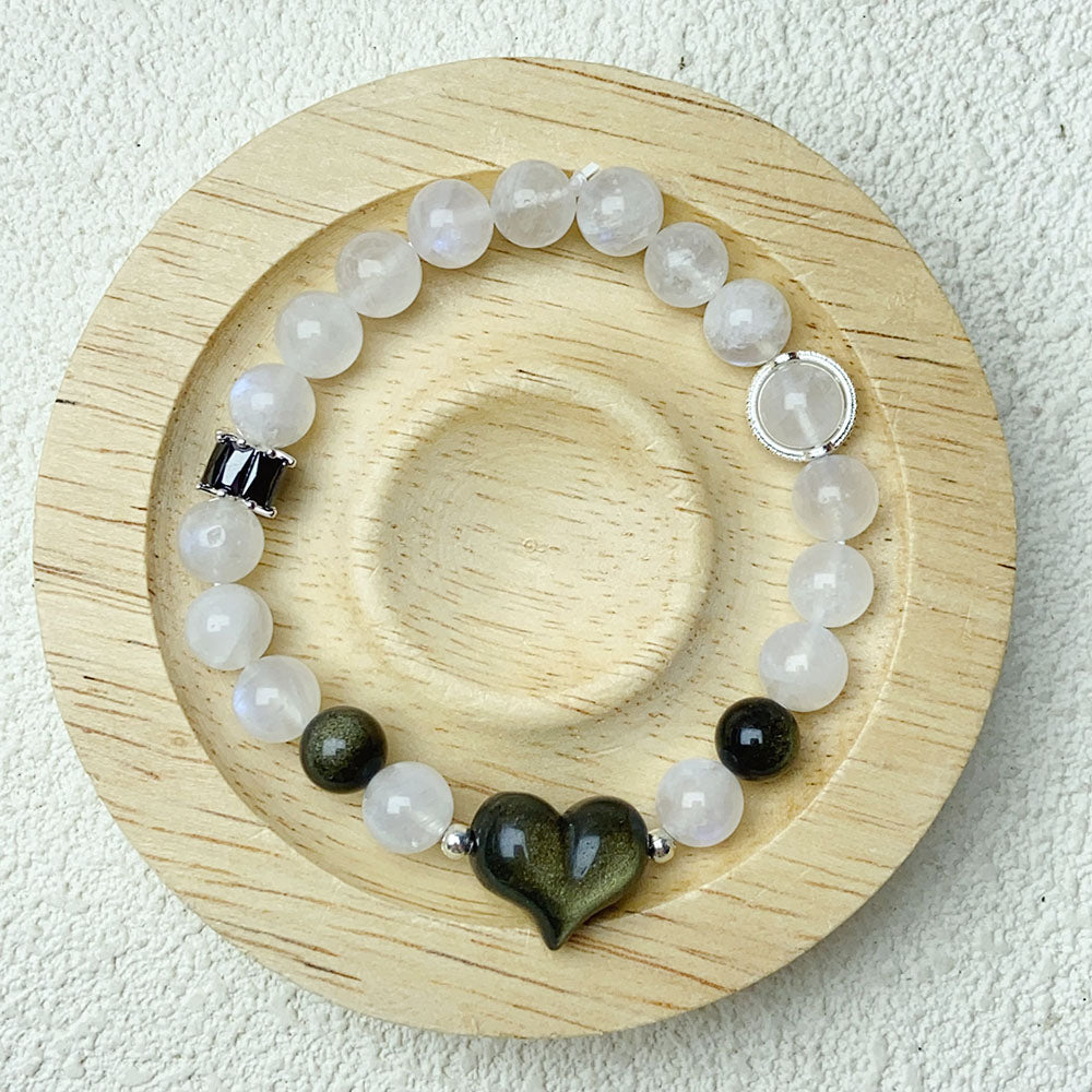 8mm Moonstone Bead Bracelet With Golden Obsidian Heart For Women Fashion Shiny Yoga Balance Bangles