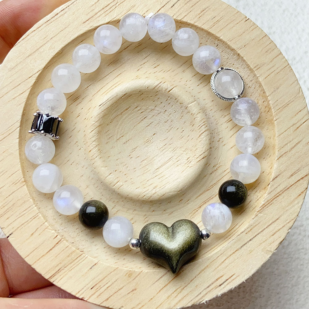 8mm Moonstone Bead Bracelet With Golden Obsidian Heart For Women Fashion Shiny Yoga Balance Bangles