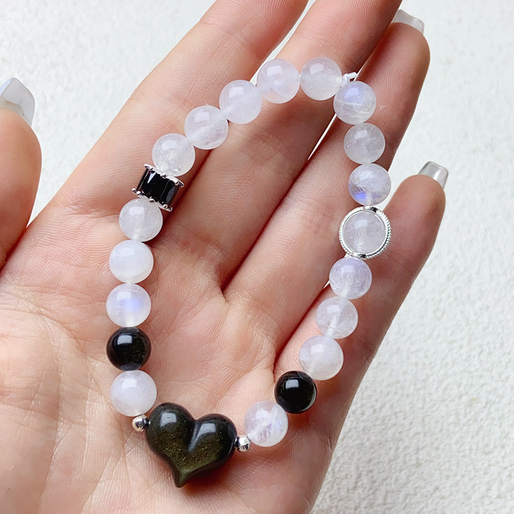 8mm Moonstone Bead Bracelet With Golden Obsidian Heart For Women Fashion Shiny Yoga Balance Bangles