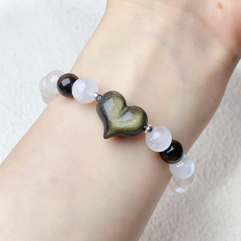 8mm Moonstone Bead Bracelet With Golden Obsidian Heart For Women Fashion Shiny Yoga Balance Bangles