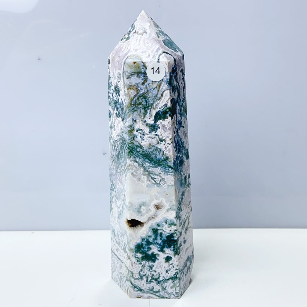 Moss Agate Crystal Tower Stone Meditation Spiritual Healing Crystals Feng Shui Room Decortion