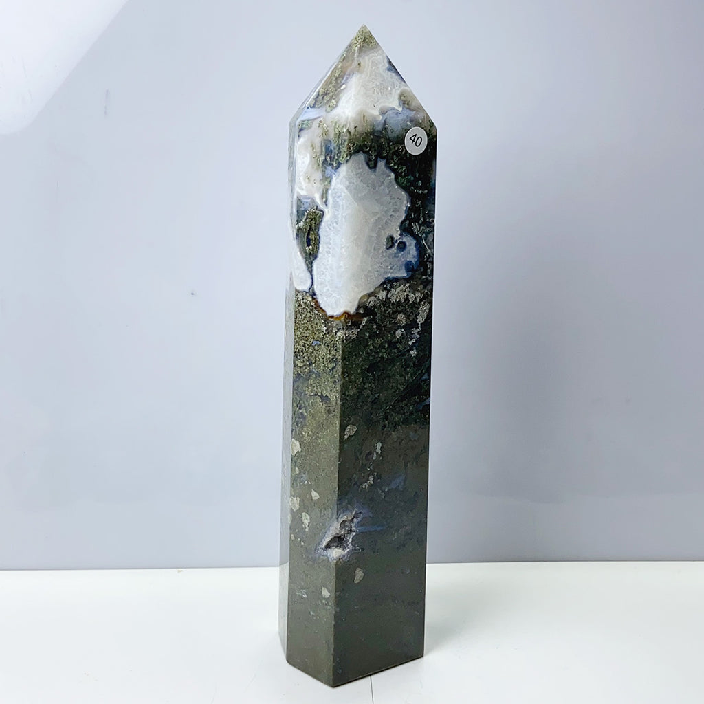 Moss Agate Crystal Tower Stone Meditation Spiritual Healing Crystals Feng Shui Room Decortion