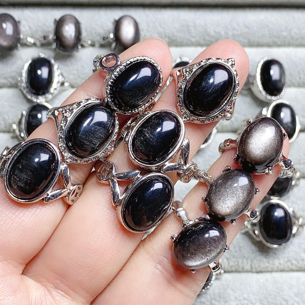 Silver Obsidian Crystal Adjustable Rings $10/4PCS