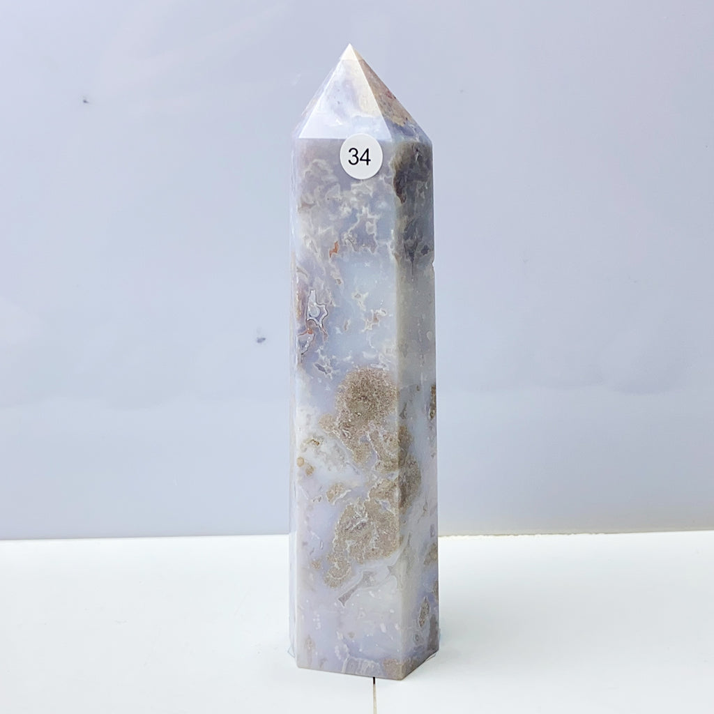 Blue Flower Agate Tower Energy Polished Healing Reiki Stone Home Decorations