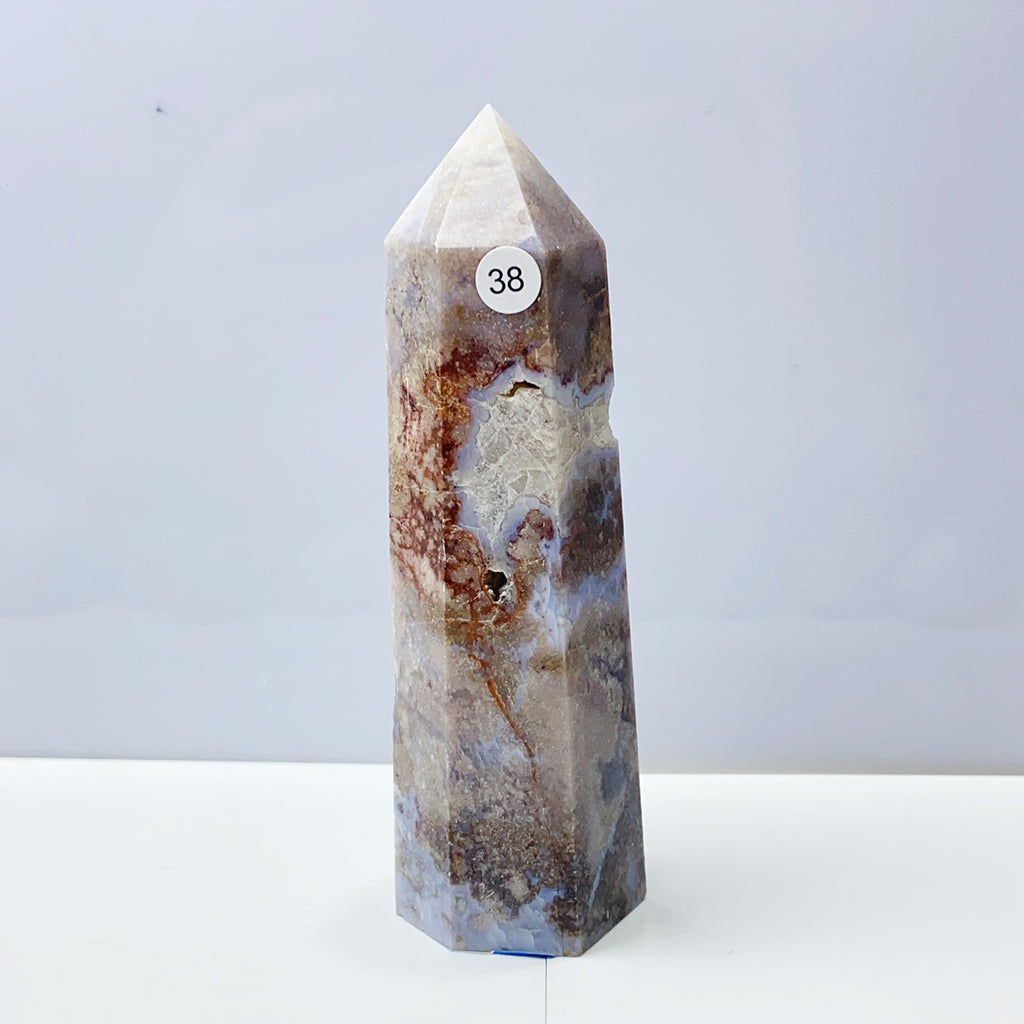 Blue Flower Agate Tower Energy Polished Healing Reiki Stone Home Decorations