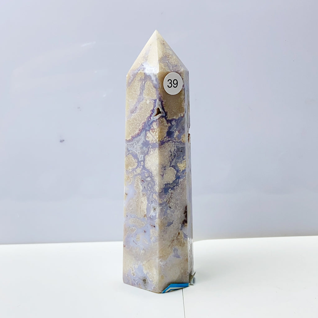 Blue Flower Agate Tower Energy Polished Healing Reiki Stone Home Decorations