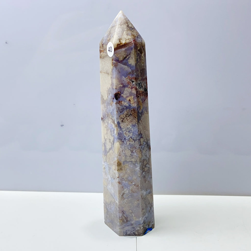 Blue Flower Agate Tower Energy Polished Healing Reiki Stone Home Decorations