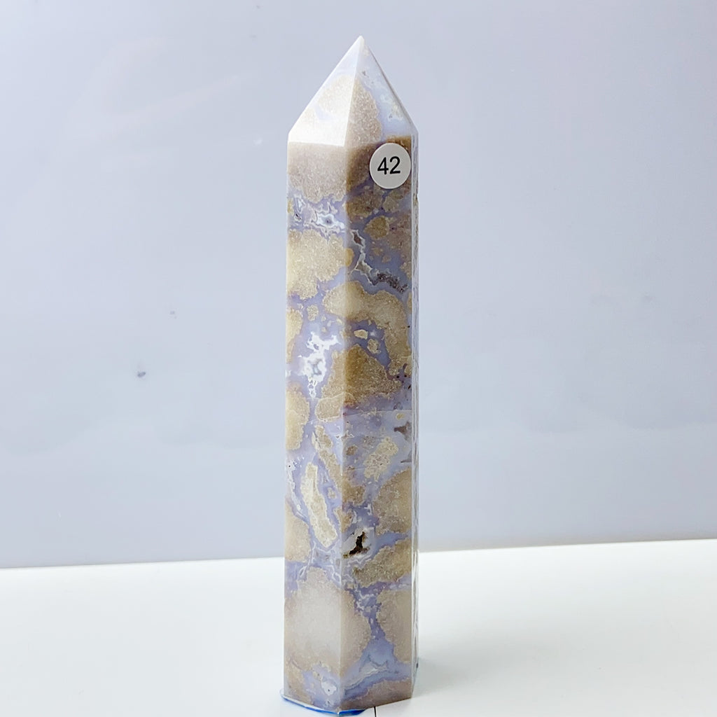 Blue Flower Agate Tower Energy Polished Healing Reiki Stone Home Decorations