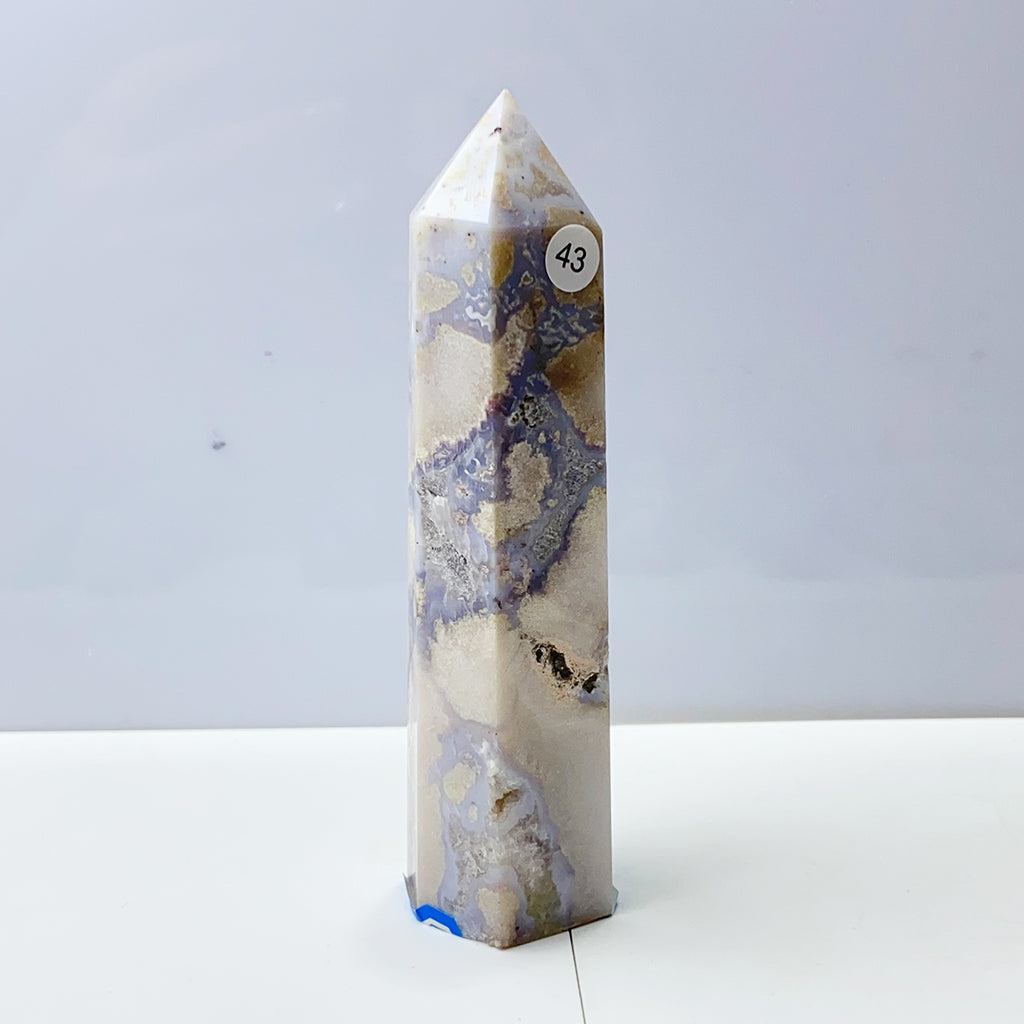 Blue Flower Agate Tower Energy Polished Healing Reiki Stone Home Decorations