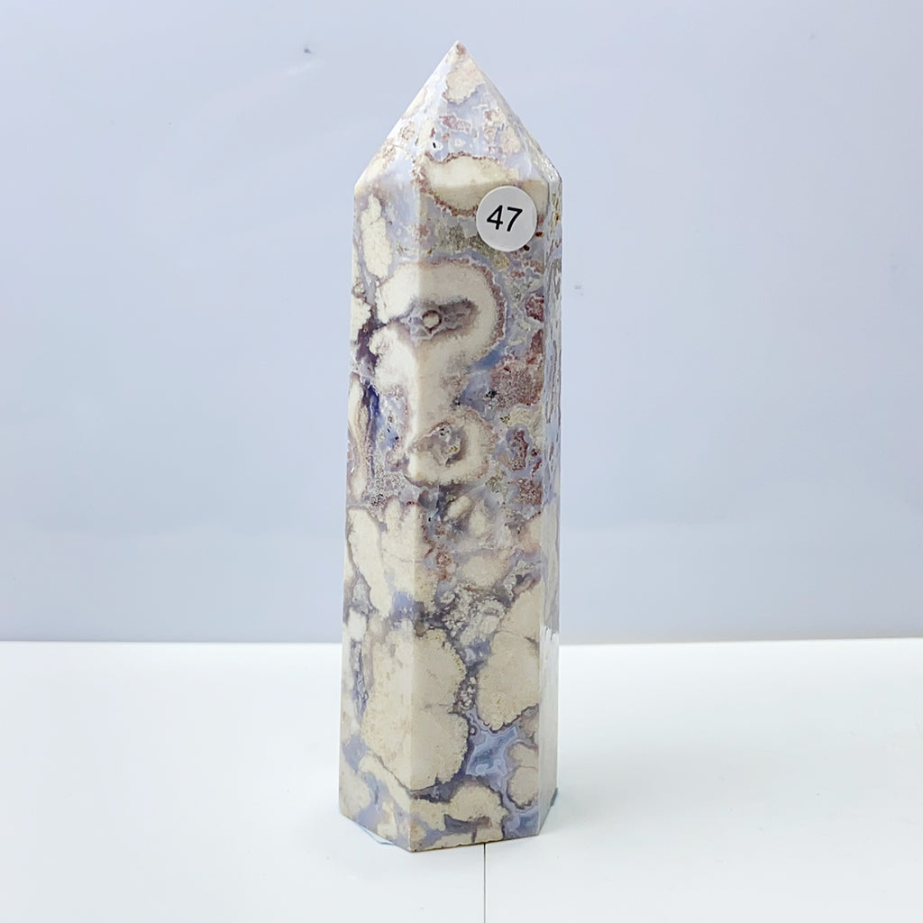 Blue Flower Agate Tower Energy Polished Healing Reiki Stone Home Decorations