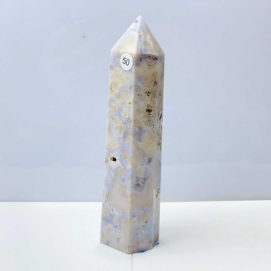 Blue Flower Agate Tower Energy Polished Healing Reiki Stone Home Decorations