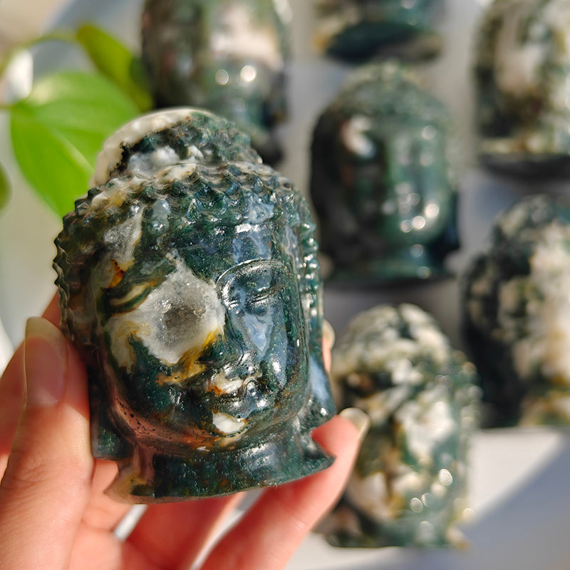 Natural Moss Agate Buddha Head Crystal Carvings