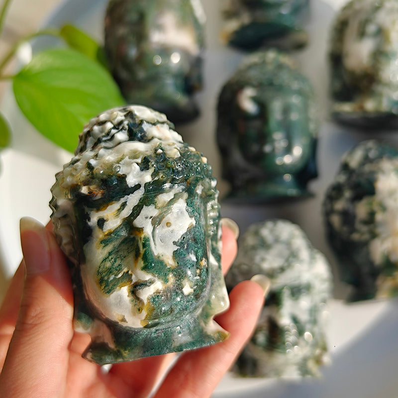 Natural Moss Agate Buddha Head Crystal Carvings