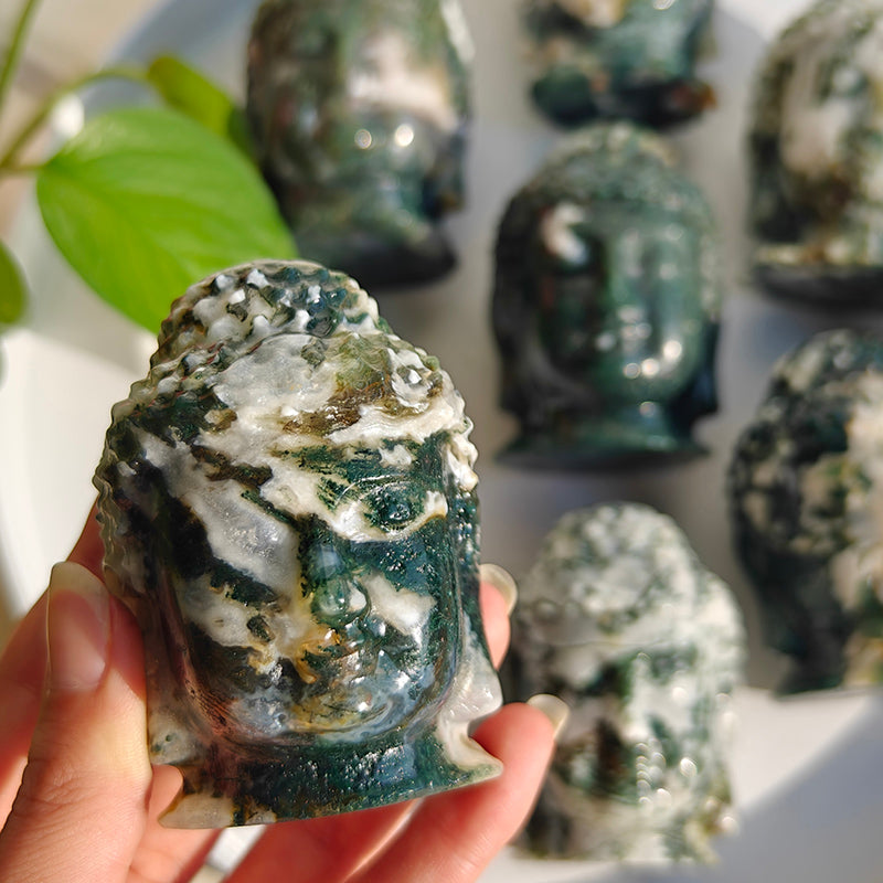 Natural Moss Agate Buddha Head Crystal Carvings