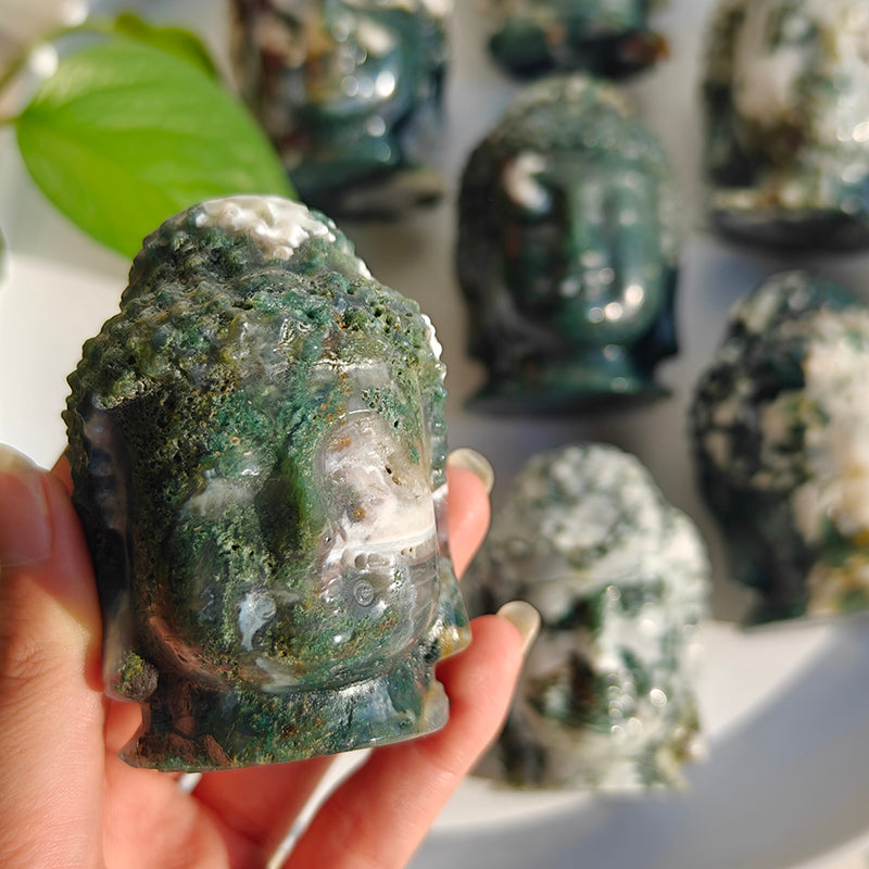 Natural Moss Agate Buddha Head Crystal Carvings