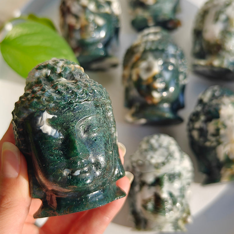 Natural Moss Agate Buddha Head Crystal Carvings