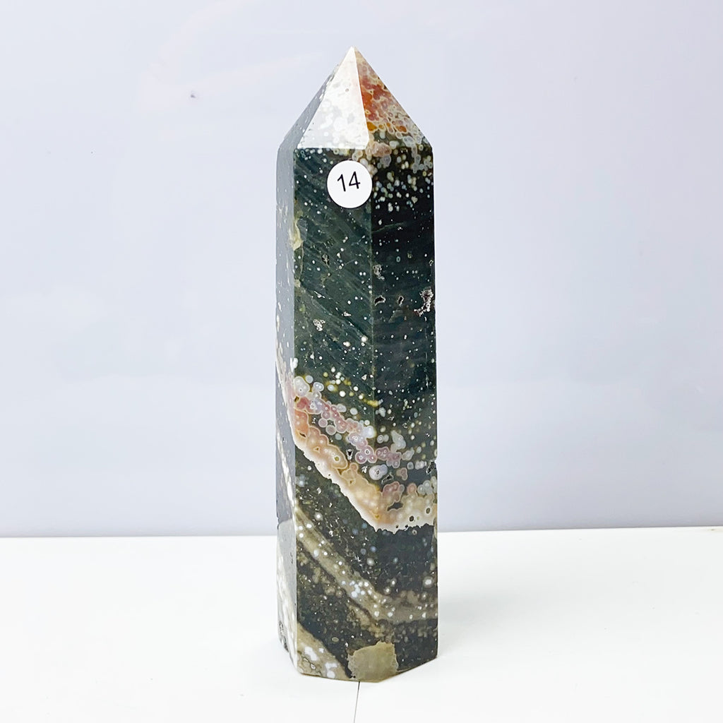 Ocean Jasper Tower Crystal Energy Stone Ornament Reiki Healing Garden Decorations