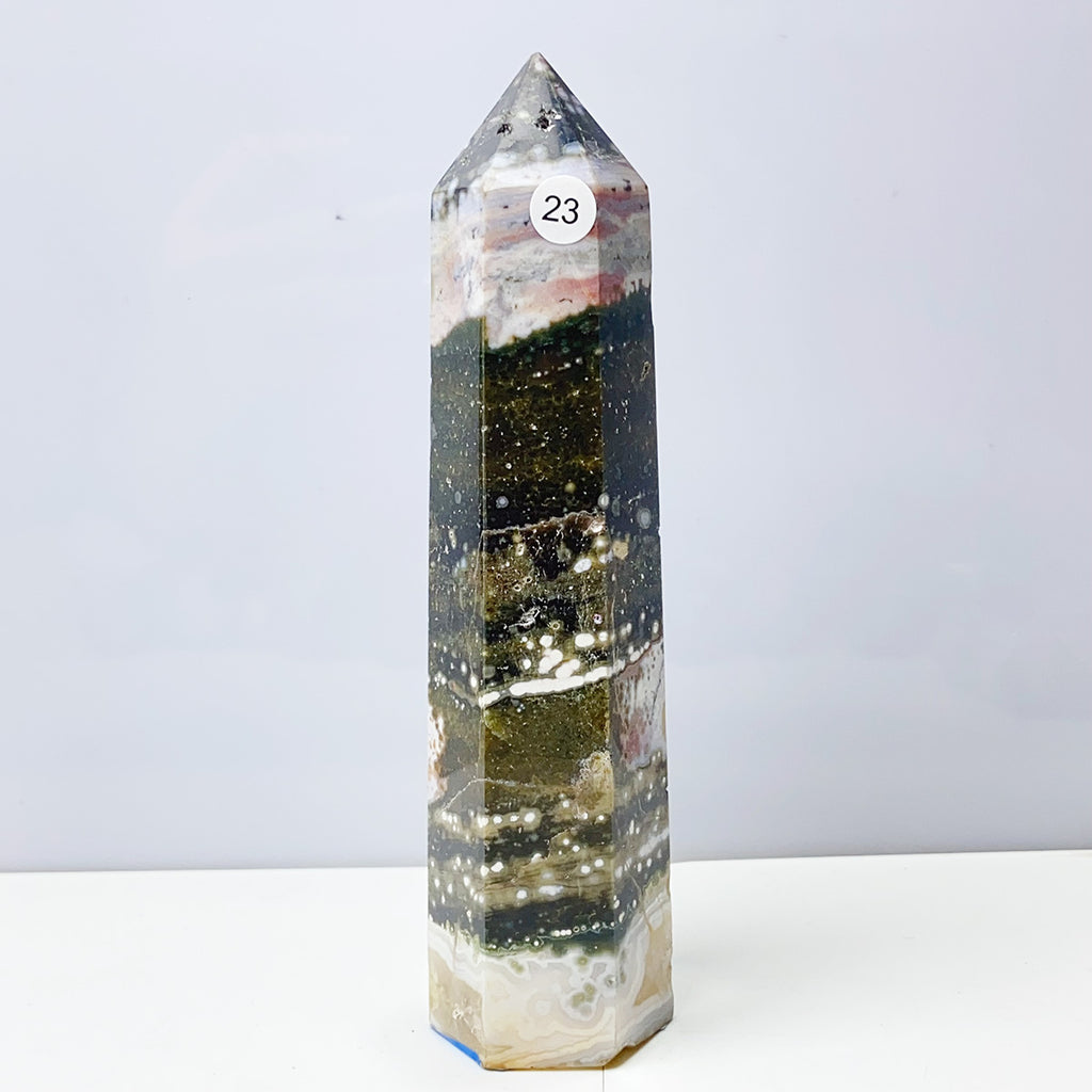 Ocean Jasper Tower Crystal Energy Stone Ornament Reiki Healing Garden Decorations