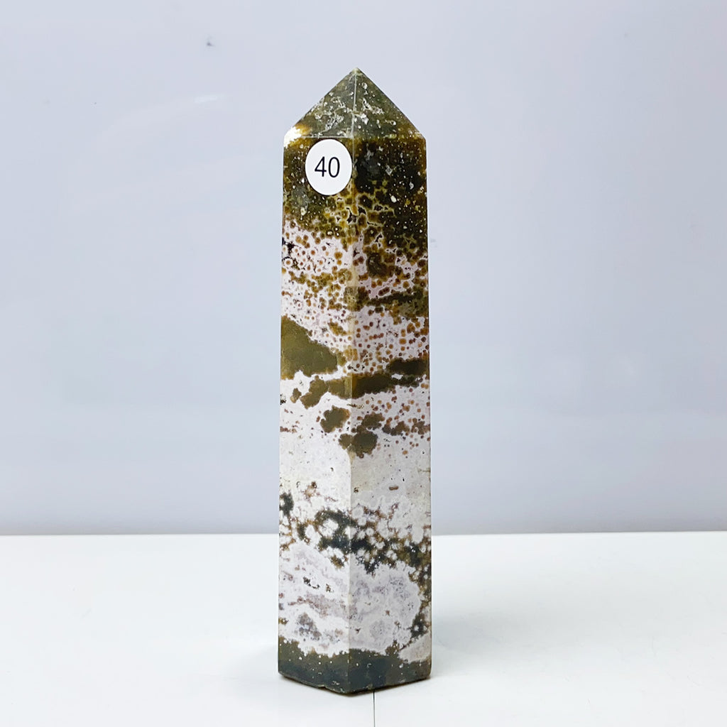 Ocean Jasper Tower Crystal Energy Stone Ornament Reiki Healing Garden Decorations