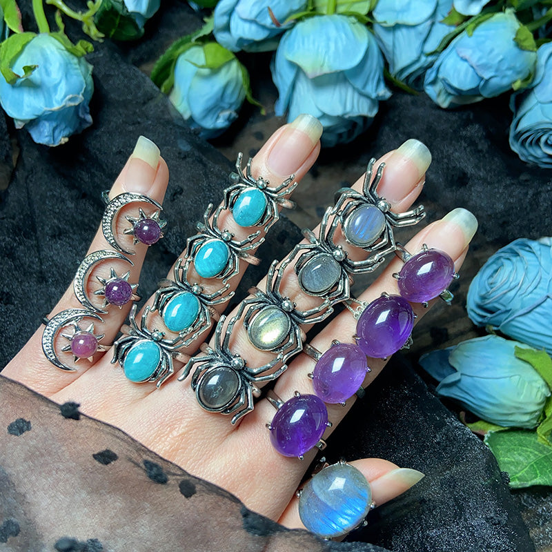 Different Materials Crystal Rings Labradorite & Moonstone & Amethyst & Amazonite & Purple Mica