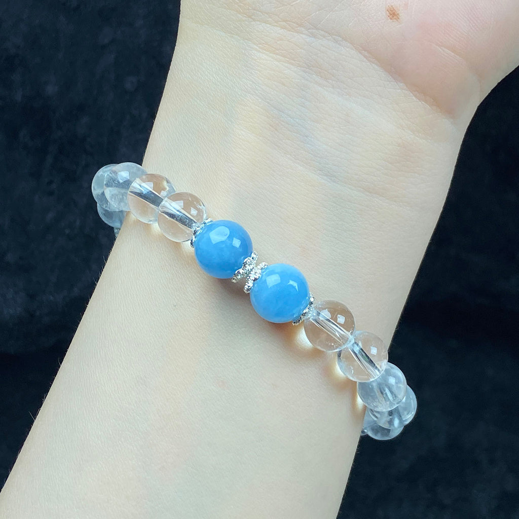 8MM Clear Quartz Crystal Bracelet With Blue Aquamarine Elastic Charm Bracelet Jewelry