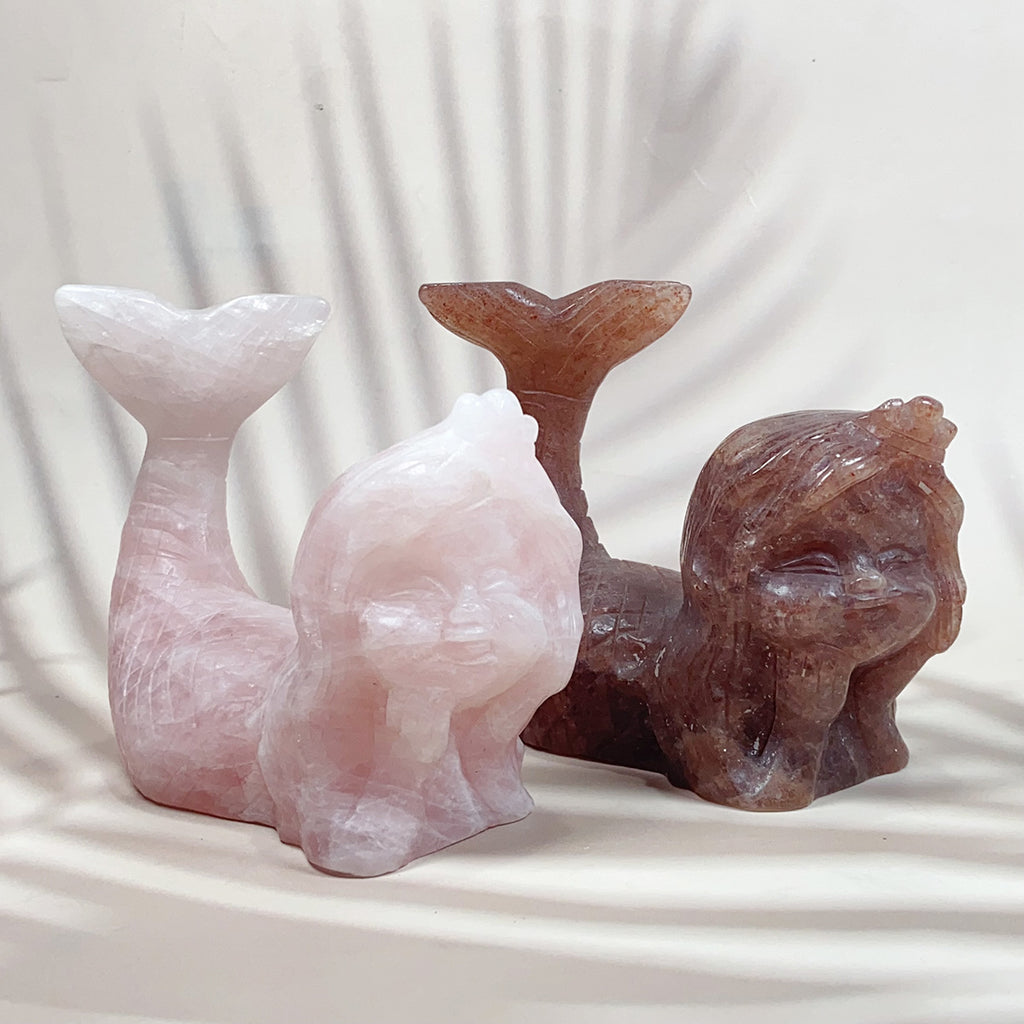 Hand Carved Crystal Mermaid Rose Quartz Strawberry Quartz Reiki Healing Home Decor