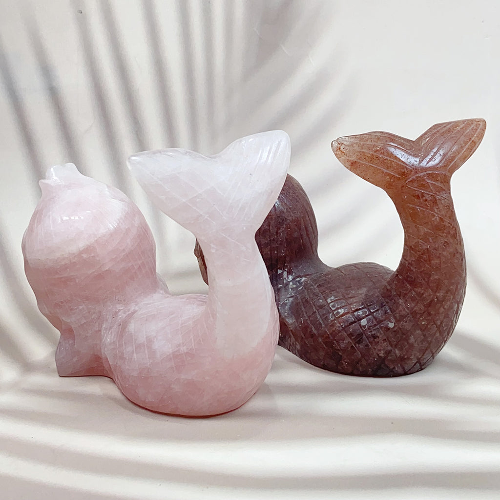 Hand Carved Crystal Mermaid Rose Quartz Strawberry Quartz Reiki Healing Home Decor