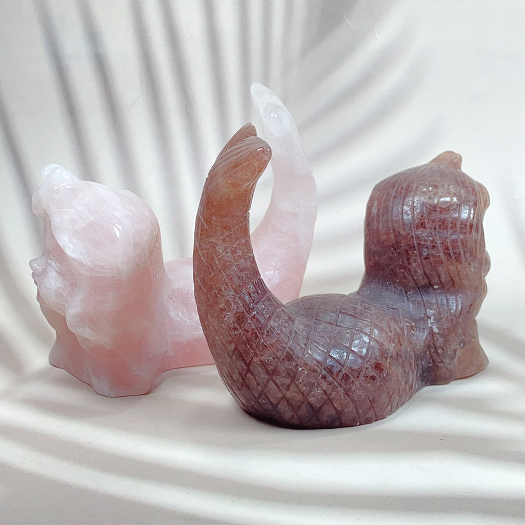 Hand Carved Crystal Mermaid Rose Quartz Strawberry Quartz Reiki Healing Home Decor