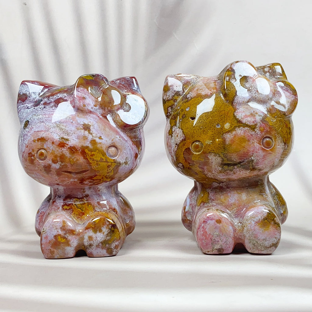 Cute Ocean Jasper Hello Kitty Crystal Carving Gemstone Sculpture Home Decoration