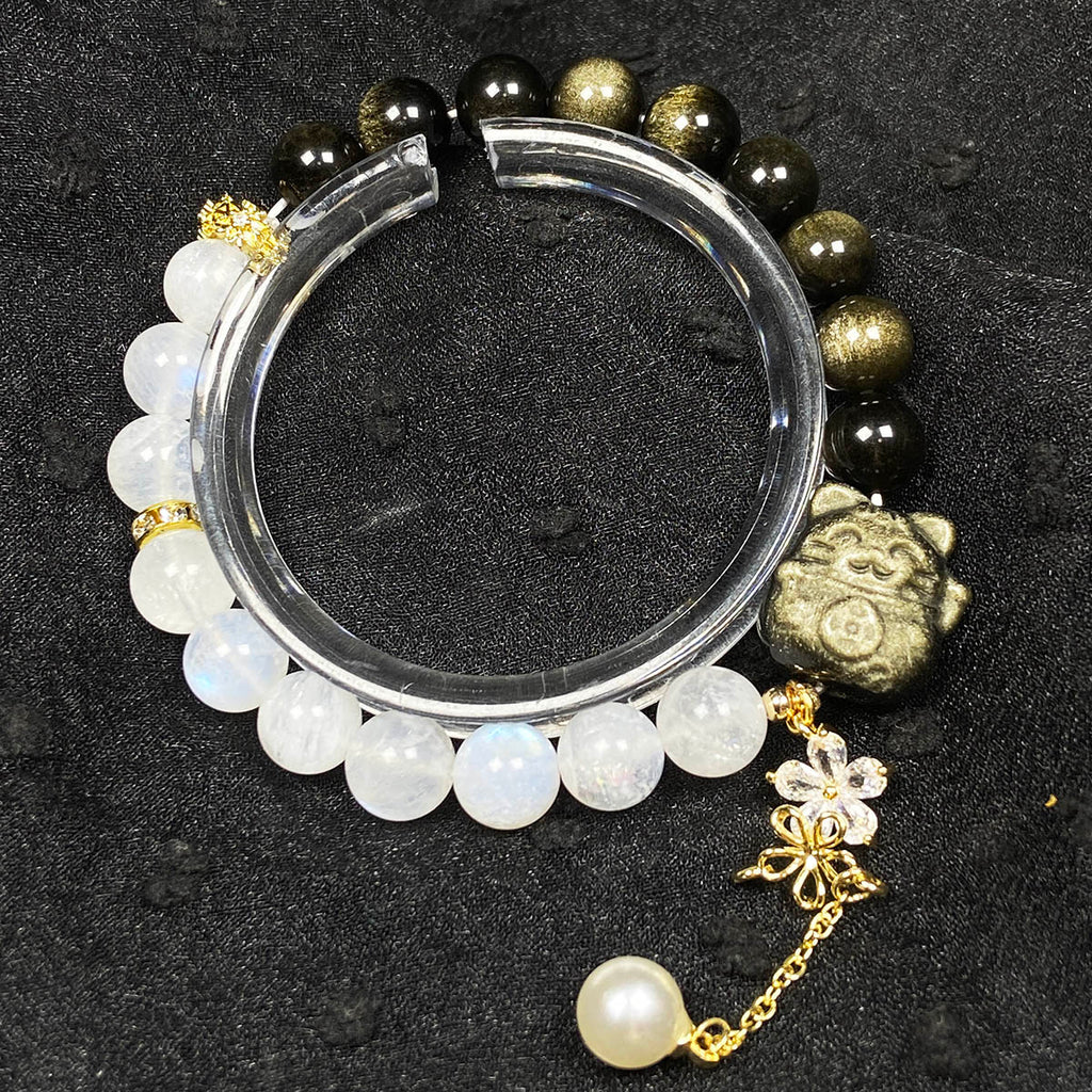 Golden Obsidian Nine Tailed Fox 8MM Moonstone Bead Design Bracelet Accessory Women Fashion Jewellry