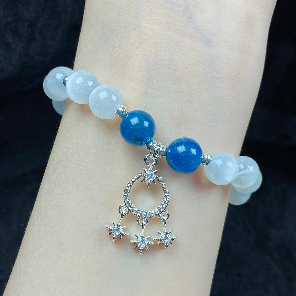 8mm Selenite Blue Apatite Healing Crystal Bracelet With Pendant Girls Women Jewelry Accessories