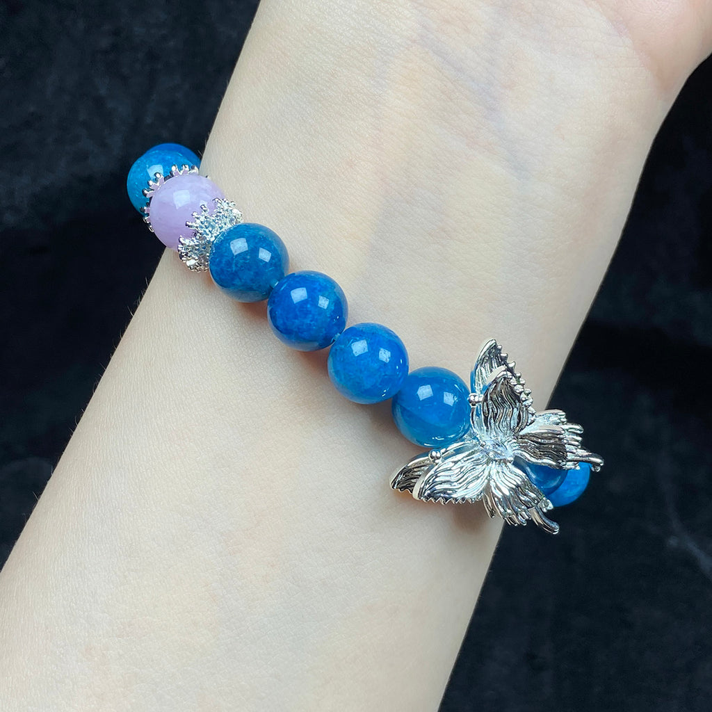 New Fashion Blue Apatite Bead 8MM Kunzite Bracelet Stainless Steel Butterfly Accessory Jewelry