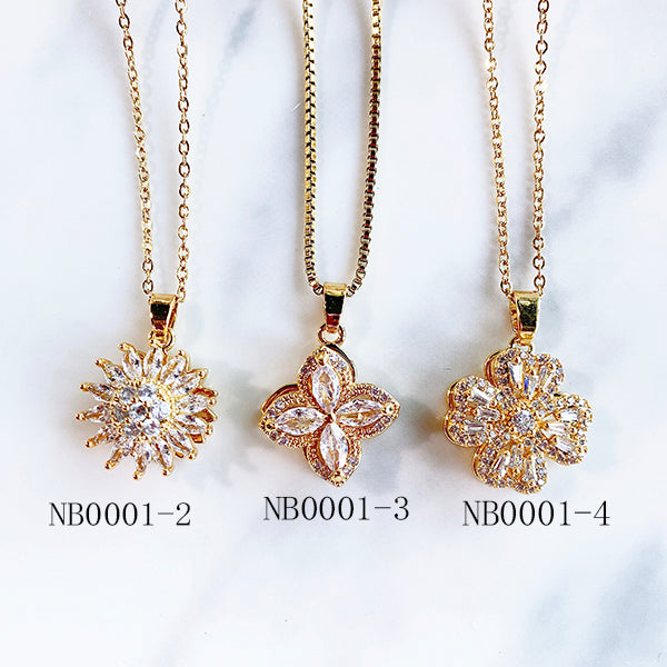 Stainless Steel Flower  Rotatable Pendant Zircon Necklace  NB0001