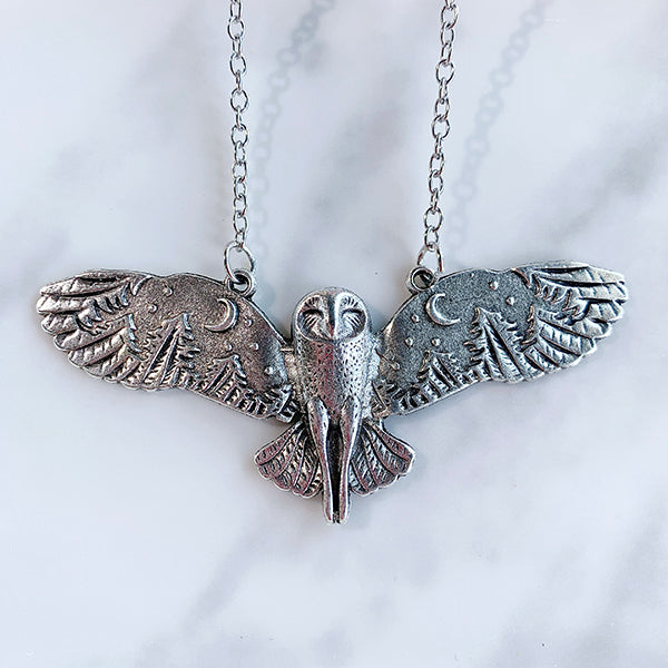 Stainless Steel Owl Fly Pendant Forest Moon Necklace NB0008